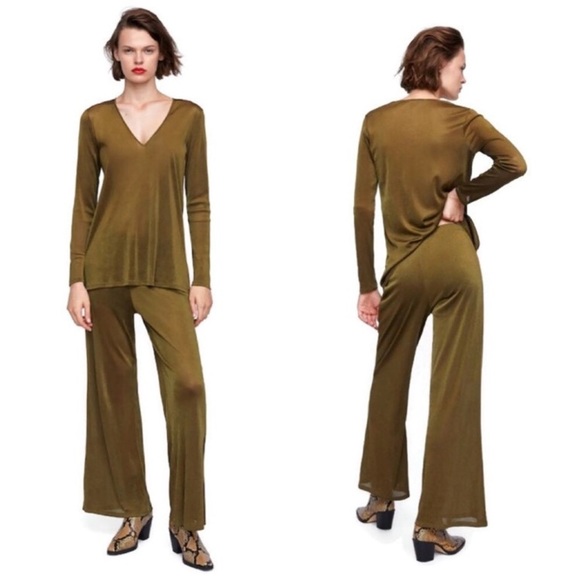 Zara Pants - NWT ZARA Khaki Sheen Flowy Wide Leg Elastic Pants
